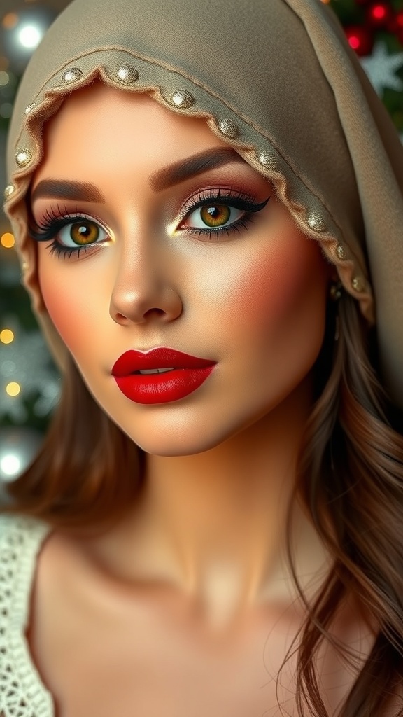 A model with hooded eyes wearing festive Christmas makeup with warm eyeshadows and bold red lips.